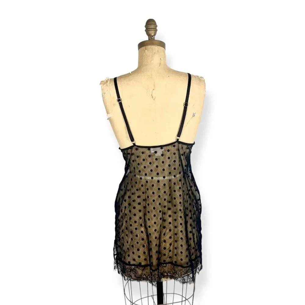 Vintage Elegant Babydoll Black Polka Dot Lace Chemise Slip Lingerie - Picture 2 of 6